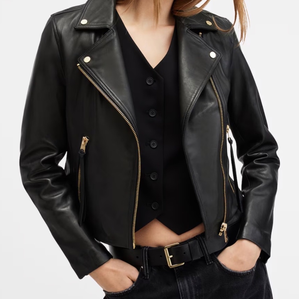 All Saints Dalby Leather Biker Jacket Gold Hardware - Picture 8 of 9